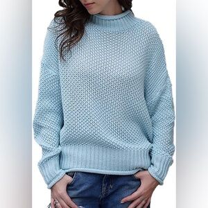 XL Blue NEW ribbed-knit turtleneck sweater Cable Knit Fall Winter Long Sleeve